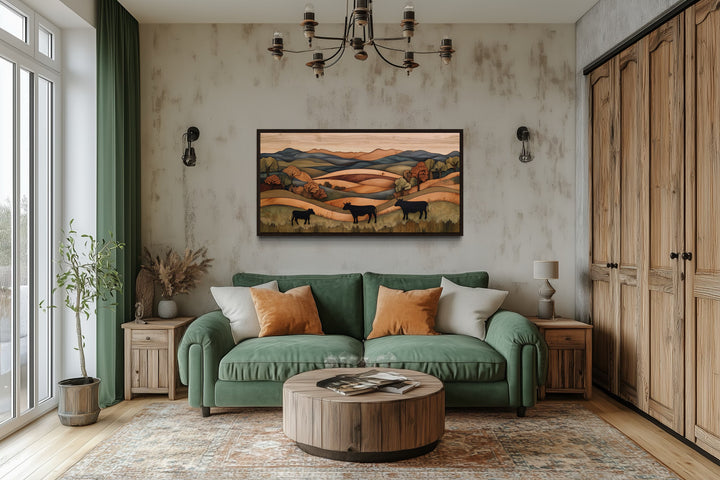 Farmhouse Wall Decor - Rustic Pastoral Landscape Farm With Cows Wood Canvas Wall Art