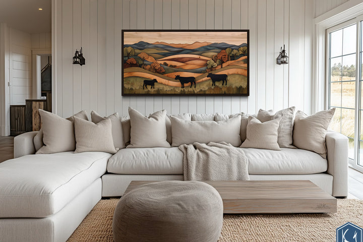 Farmhouse Wall Decor - Rustic Pastoral Landscape Farm With Cows Wood Canvas Wall Art