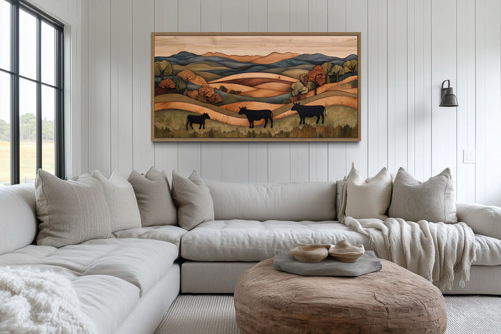 Farmhouse Wall Decor - Rustic Pastoral Landscape Farm With Cows Wood Canvas Wall Art