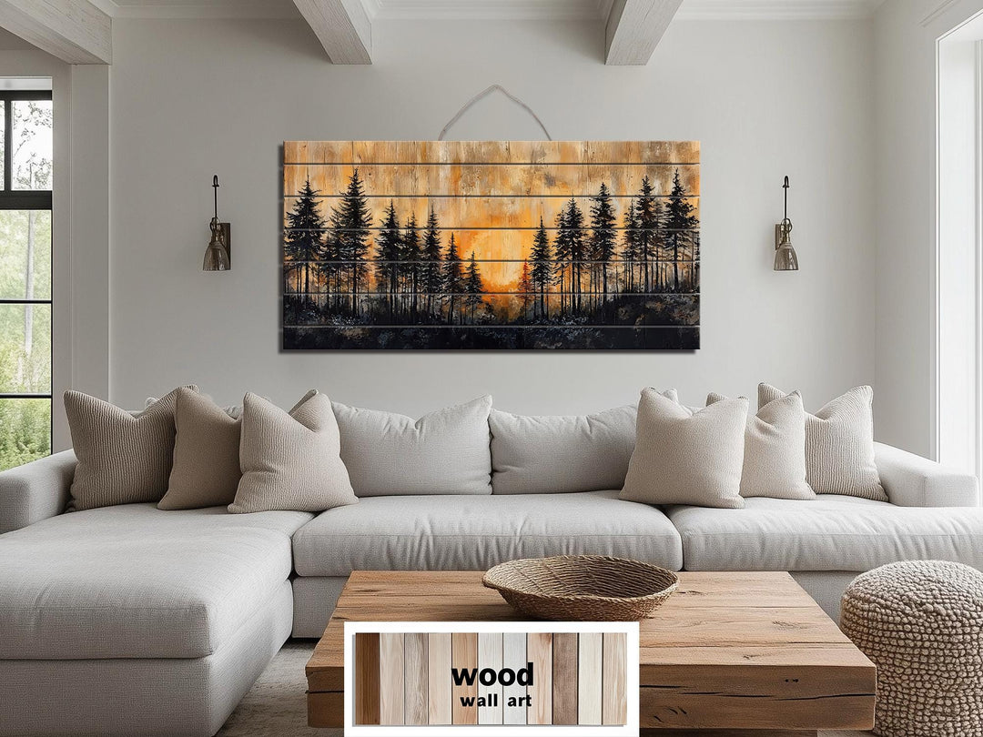 Rustic Pine Forest At Sunset Distressed Wood Wall Art