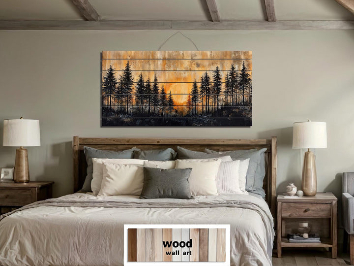 Rustic Pine Forest At Sunset Distressed Wood Wall Art