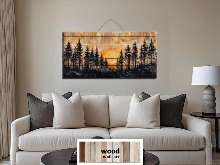 Rustic Pine Forest At Sunset Distressed Wood Wall Art