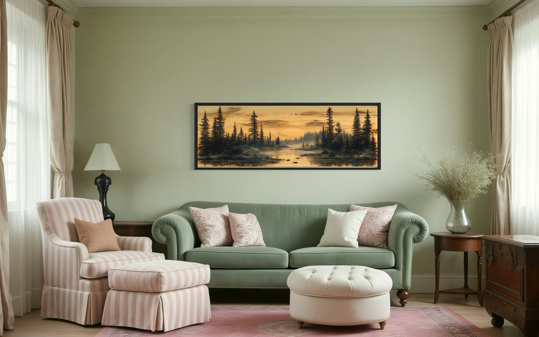 Rustic Pine Tree Forest Painted On Wood Panoramic Canvas Wall Art