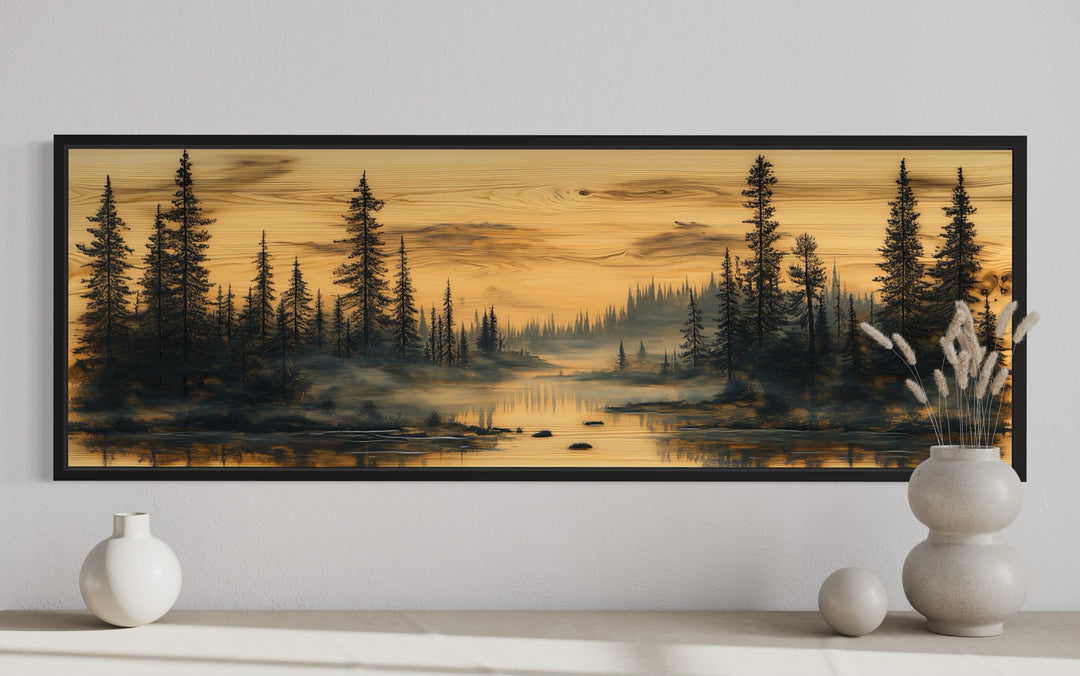 Rustic Pine Tree Forest Painted On Wood Panoramic Canvas Wall Art