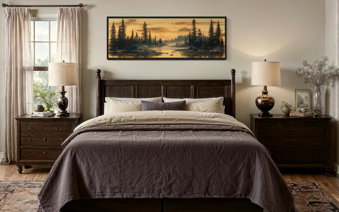 Rustic Pine Tree Forest Painted On Wood Panoramic Canvas Wall Art