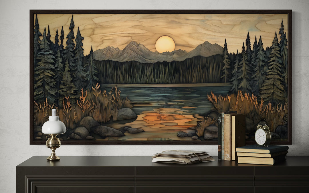 Rustic Pine Tree Wall Art – Layered Wood Decor | Framed Canvas for Cozy Lodge