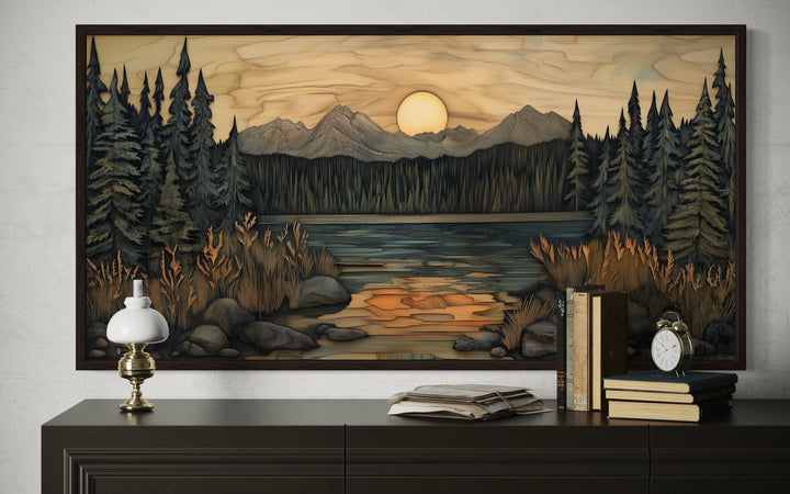 Rustic Pine Tree Wall Art – Layered Wood Decor | Framed Canvas for Cozy Lodge