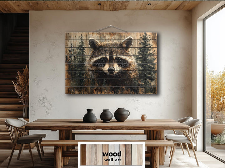 Rustic Raccoon In Pine Trees Distressed Wood Wall Art