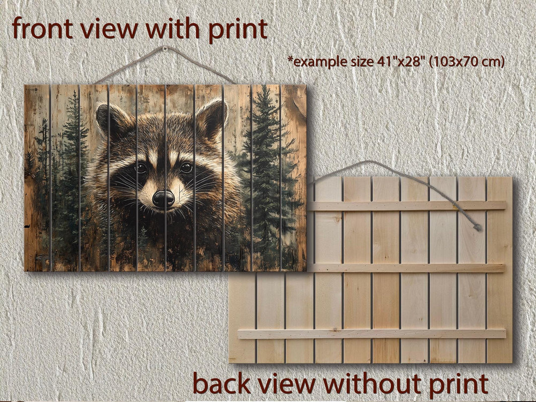 Rustic Raccoon In Pine Trees Distressed Wood Wall Art