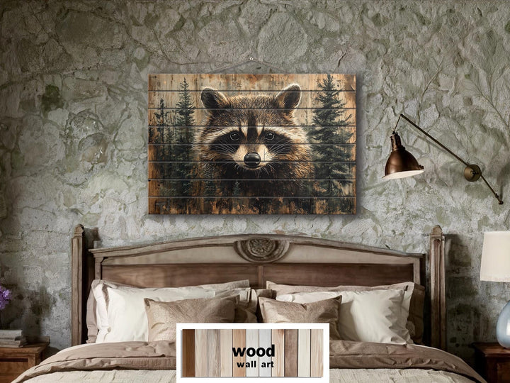 Rustic Raccoon In Pine Trees Distressed Wood Wall Art