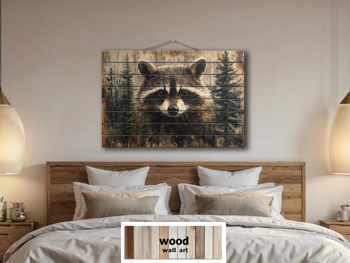 Rustic Raccoon In Pine Trees Distressed Wood Wall Art