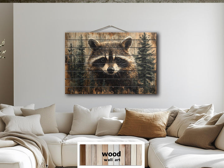Rustic Raccoon In Pine Trees Distressed Wood Wall Art