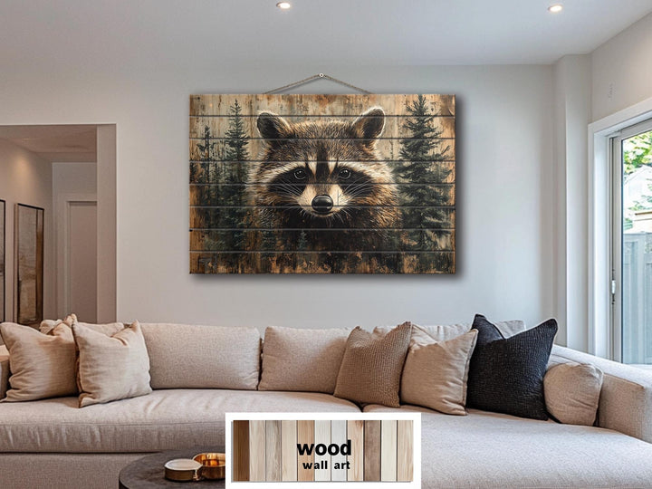 Rustic Raccoon In Pine Trees Distressed Wood Wall Art
