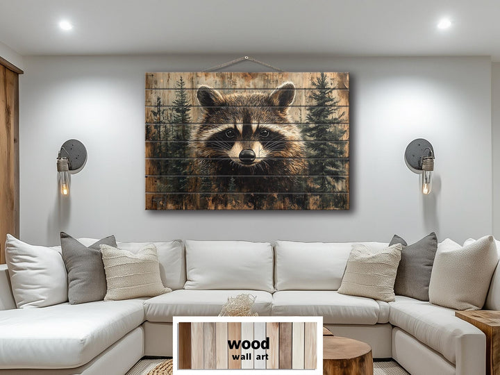 Rustic Raccoon In Pine Trees Distressed Wood Wall Art
