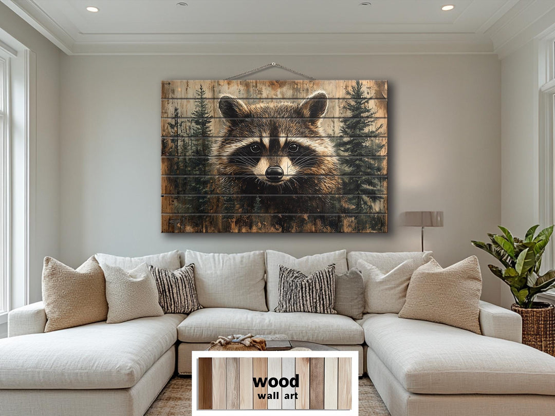 Rustic Raccoon In Pine Trees Distressed Wood Wall Art