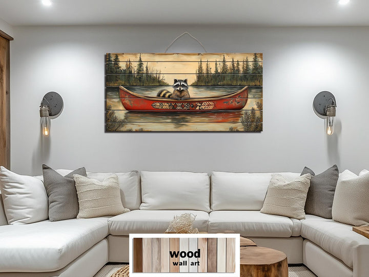 Rustic Raccoon in Canoe Distressed Wood Wall Art