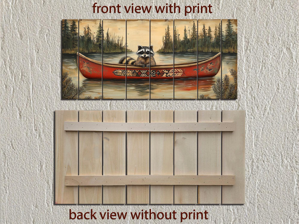 Rustic Raccoon in Canoe Distressed Wood Wall Art