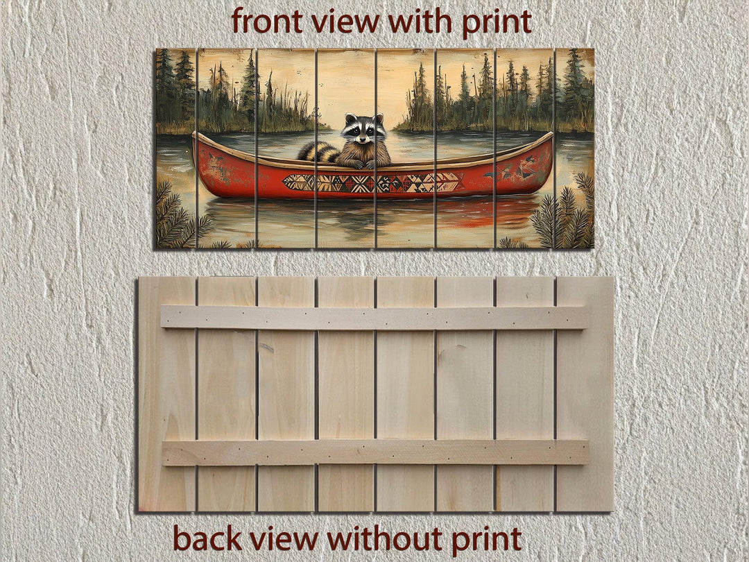 Rustic Raccoon in Canoe Distressed Wood Wall Art