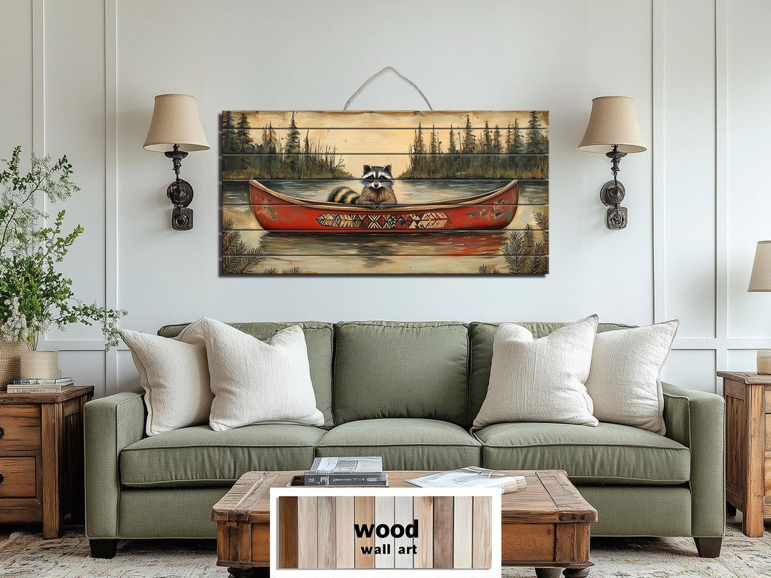 Rustic Raccoon in Canoe Distressed Wood Wall Art