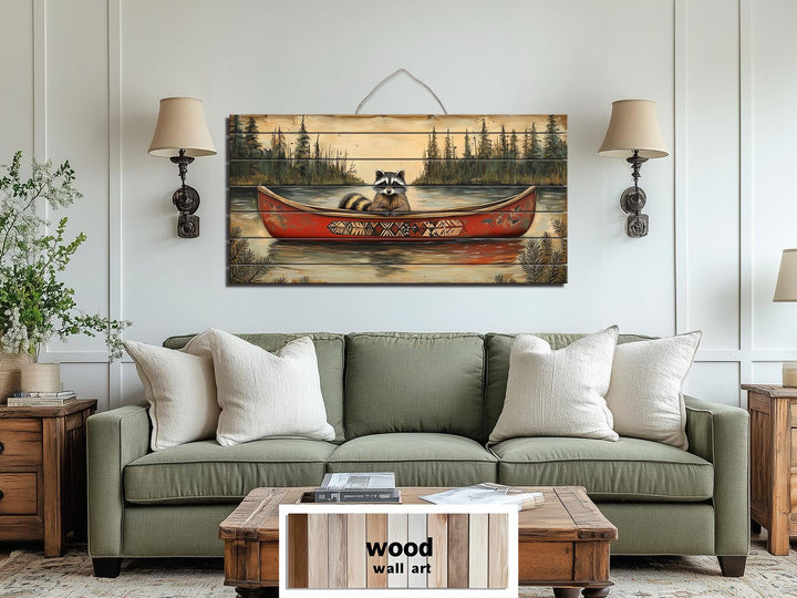 Rustic Raccoon in Canoe Distressed Wood Wall Art