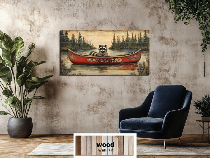Rustic Raccoon in Canoe Distressed Wood Wall Art