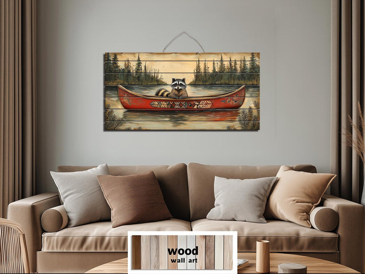 Rustic Raccoon in Canoe Distressed Wood Wall Art