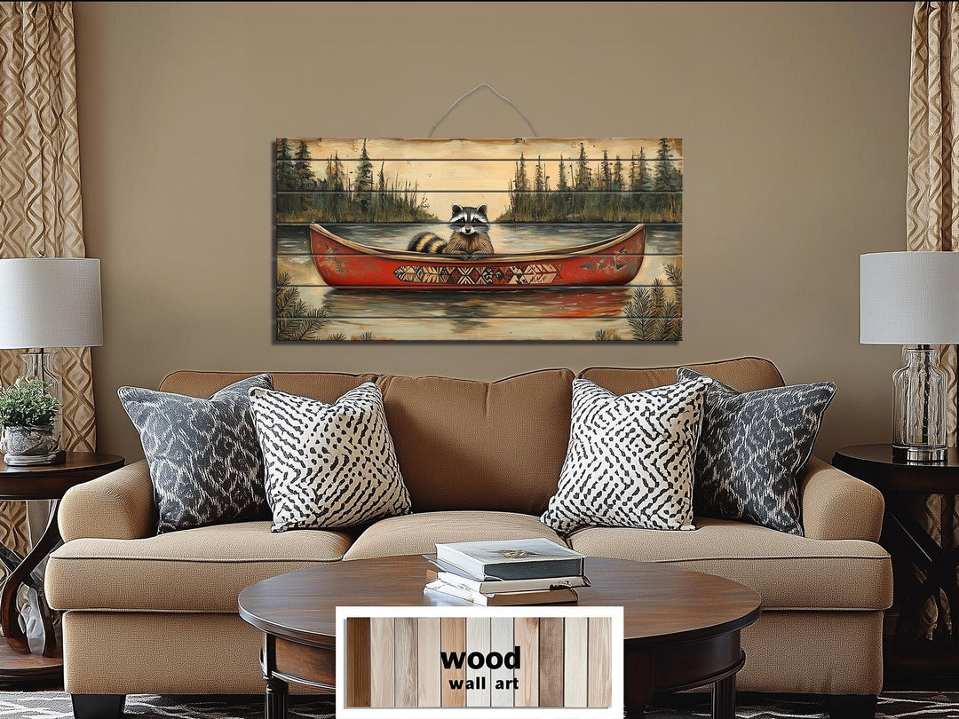 Rustic Raccoon in Canoe Distressed Wood Wall Art