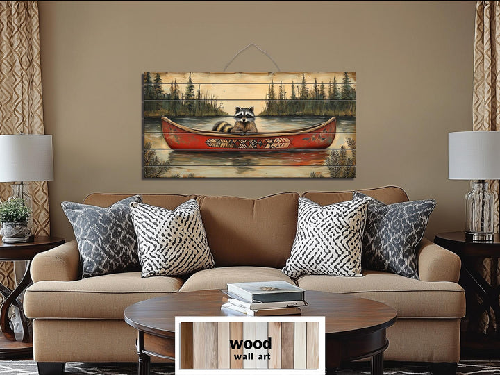 Rustic Raccoon in Canoe Distressed Wood Wall Art