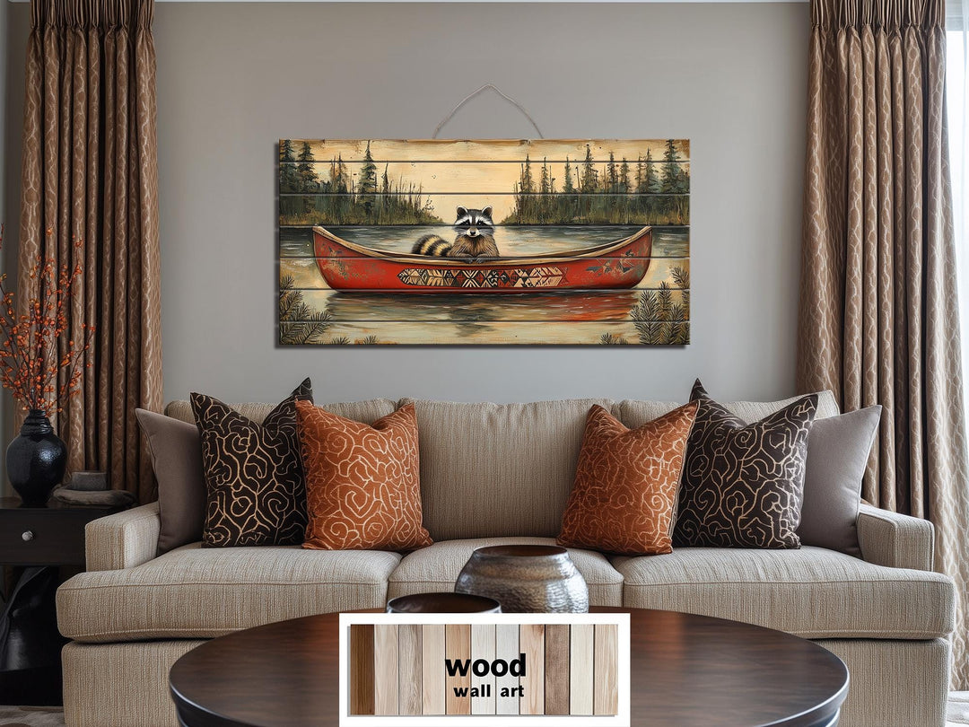 Rustic Raccoon in Canoe Distressed Wood Wall Art