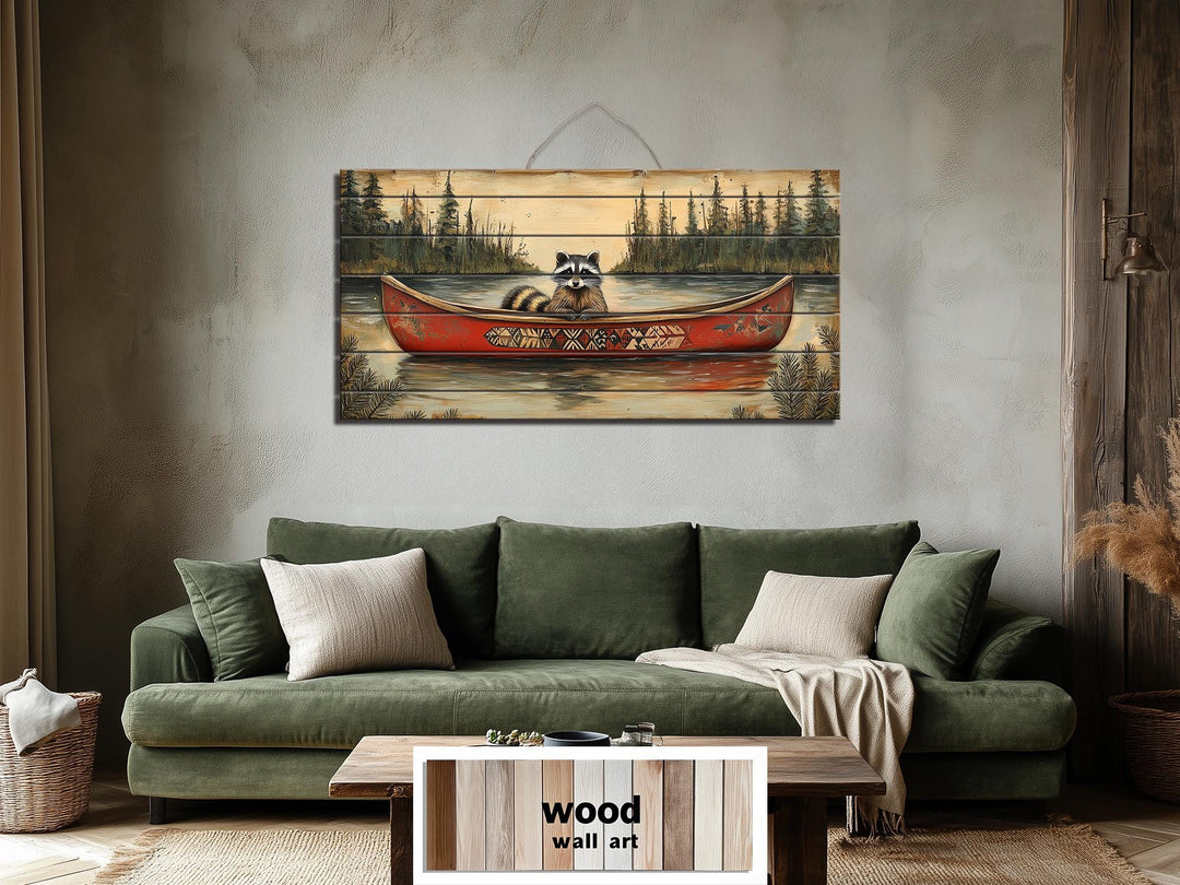 Rustic Raccoon in Canoe Distressed Wood Wall Art