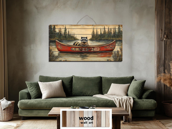 Rustic Raccoon in Canoe Distressed Wood Wall Art