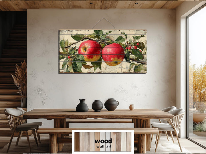 Rustic Red Apples on Branch Distressed Wood Wall Art