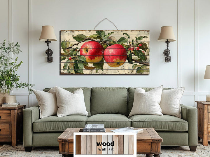 Rustic Red Apples on Branch Distressed Wood Wall Art