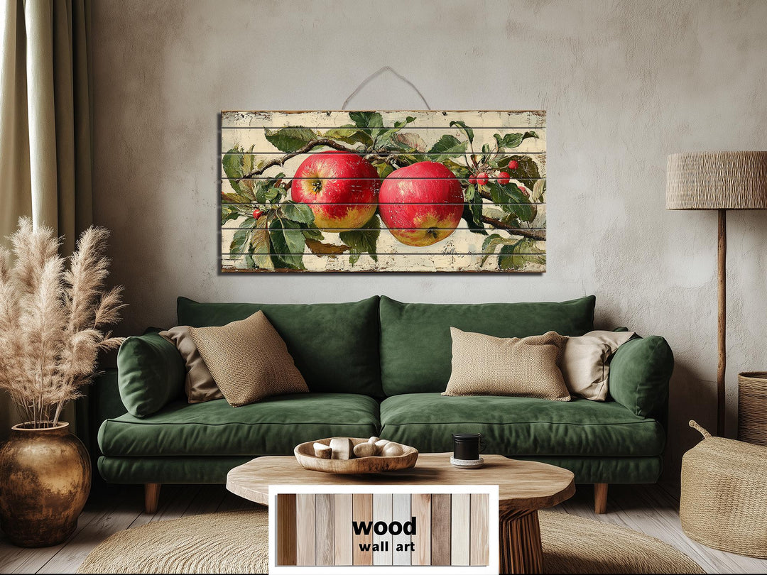 Rustic Red Apples on Branch Distressed Wood Wall Art