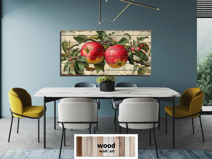 Rustic Red Apples on Branch Distressed Wood Wall Art