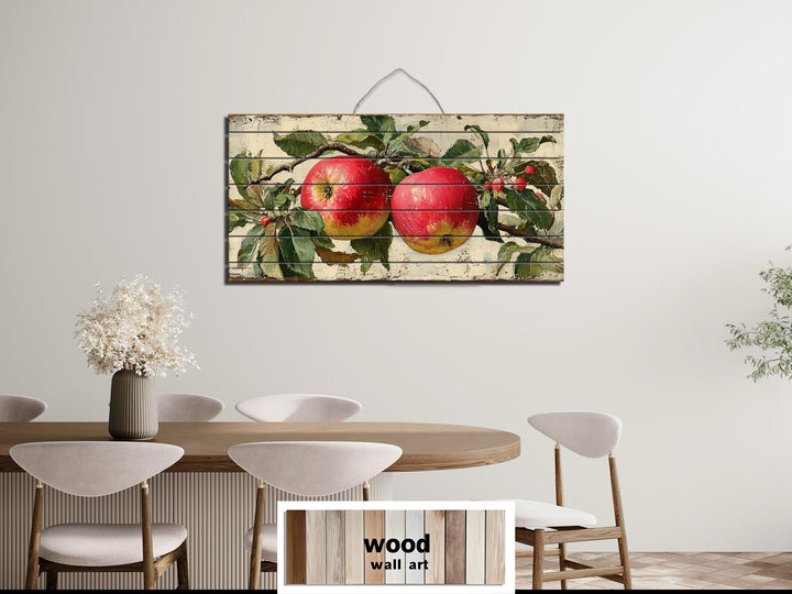 Rustic Red Apples on Branch Distressed Wood Wall Art