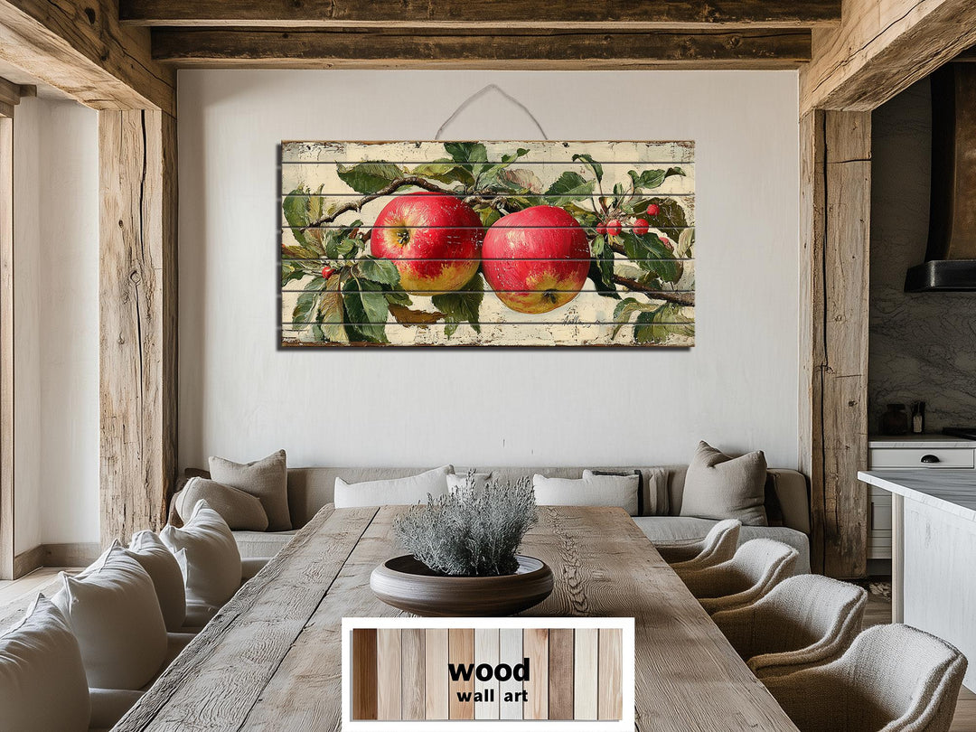 Rustic Red Apples on Branch Distressed Wood Wall Art