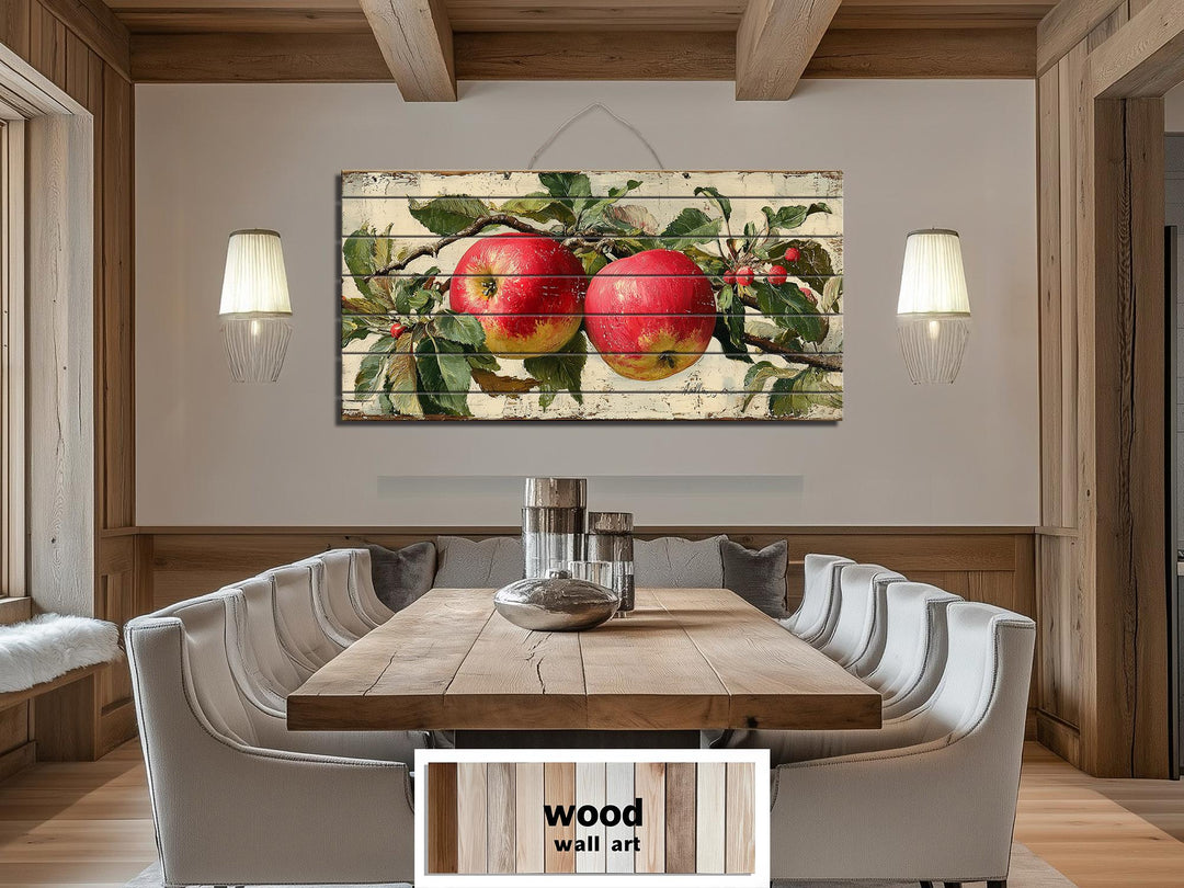 Rustic Red Apples on Branch Distressed Wood Wall Art