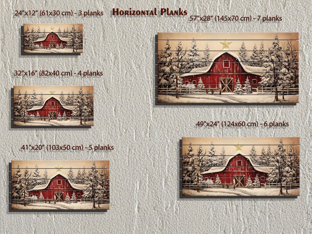Rustic Red Barn In Snowy Winter Christmas Distressed Wood Wall Art