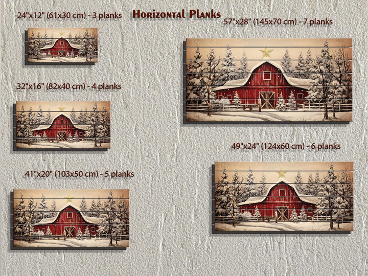 Rustic Red Barn In Snowy Winter Christmas Distressed Wood Wall Art