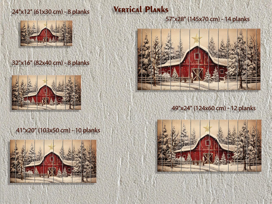 Rustic Red Barn In Snowy Winter Christmas Distressed Wood Wall Art
