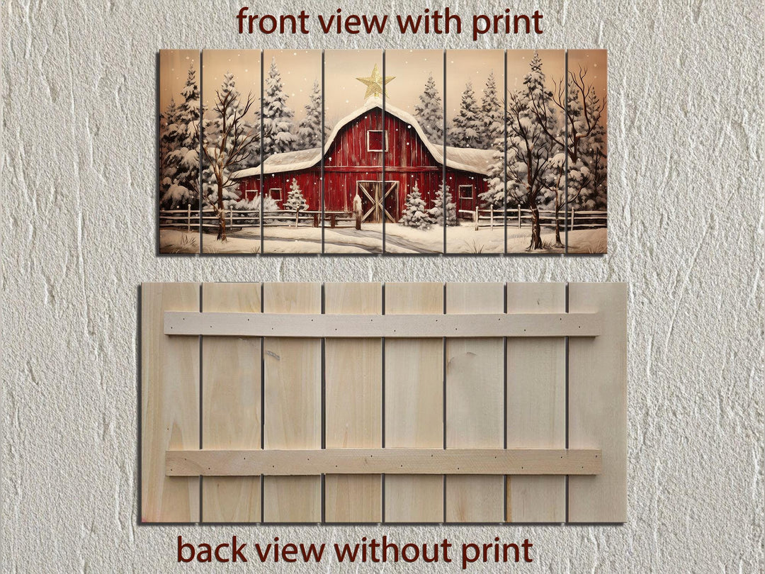 Rustic Red Barn In Snowy Winter Christmas Distressed Wood Wall Art
