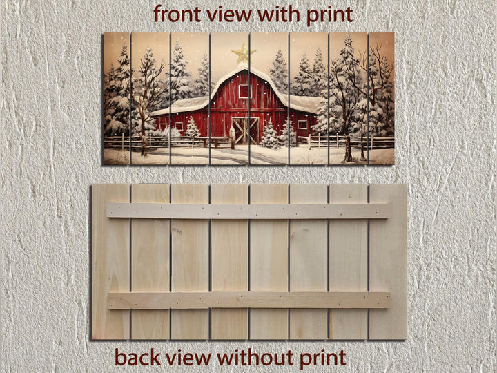 Rustic Red Barn In Snowy Winter Christmas Distressed Wood Wall Art
