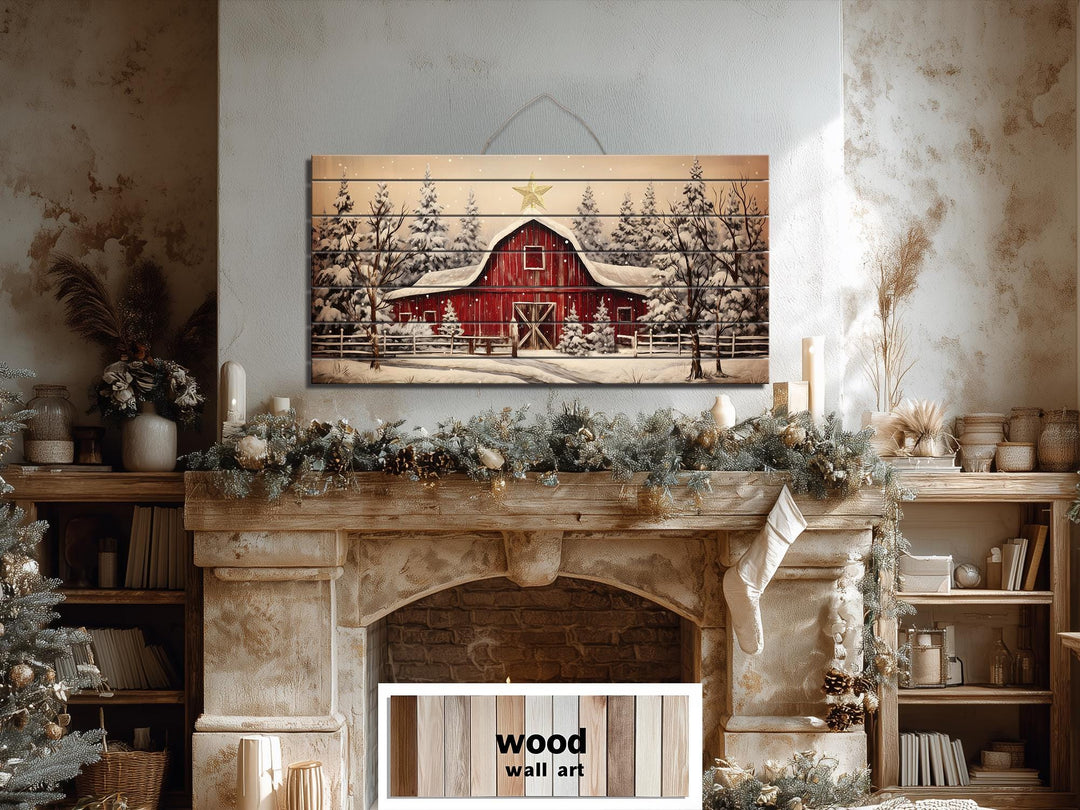 Rustic Red Barn In Snowy Winter Christmas Distressed Wood Wall Art