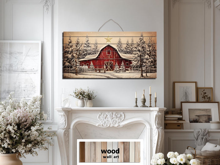 Rustic Red Barn In Snowy Winter Christmas Distressed Wood Wall Art