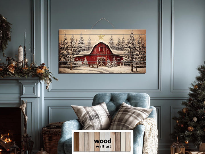 Rustic Red Barn In Snowy Winter Christmas Distressed Wood Wall Art
