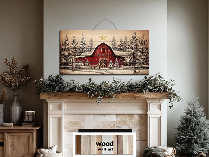 Rustic Red Barn In Snowy Winter Christmas Distressed Wood Wall Art