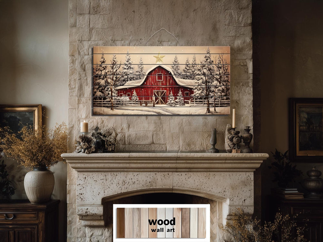 Rustic Red Barn In Snowy Winter Christmas Distressed Wood Wall Art
