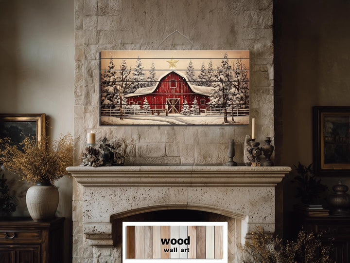 Rustic Red Barn In Snowy Winter Christmas Distressed Wood Wall Art