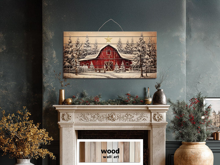 Rustic Red Barn In Snowy Winter Christmas Distressed Wood Wall Art